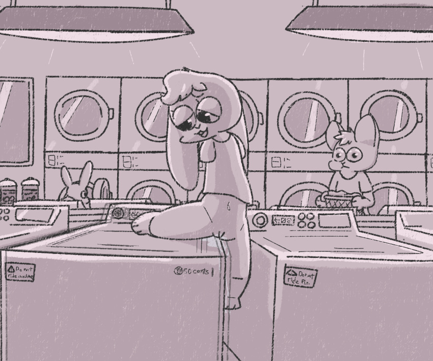 6:5 amputee anthro appliance armless bottomless bunnyqueen clothed clothing detailed_background disability english_text female female_focus genitals group half-closed_eyes hi_res holding_object improvised_sex_toy inside lagomorph lamp laundromat laundry_basket leporid looking_at_another male mammal masturbation narrowed_eyes pussy rabbit restricted_palette sitting spot_color standing text trio vibrating washing_machine