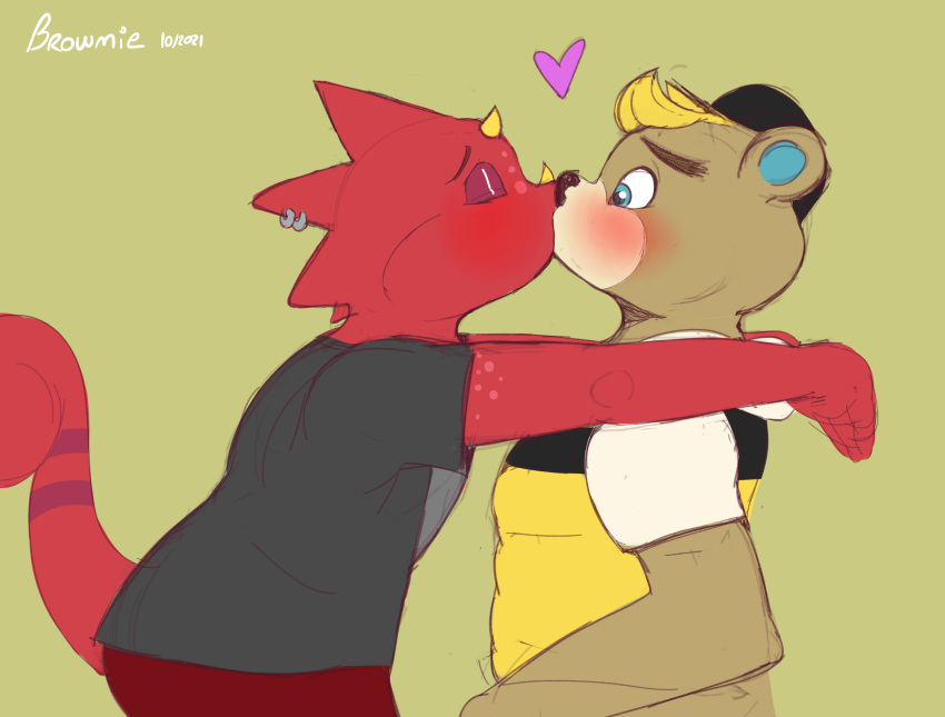 &lt;3 2021 animal_crossing anthro beaver bent_arm blush brownieclop c.j._(animal_crossing) chameleon clothed clothing dated digital_media_(artwork) duo extended_arms eyes_closed flick_(animal_crossing) hair hat headgear headwear hi_res horn kissing lizard male male/male mammal nintendo red_body reptile rodent romantic romantic_couple scalie shared_heart signature simple_background video_games year