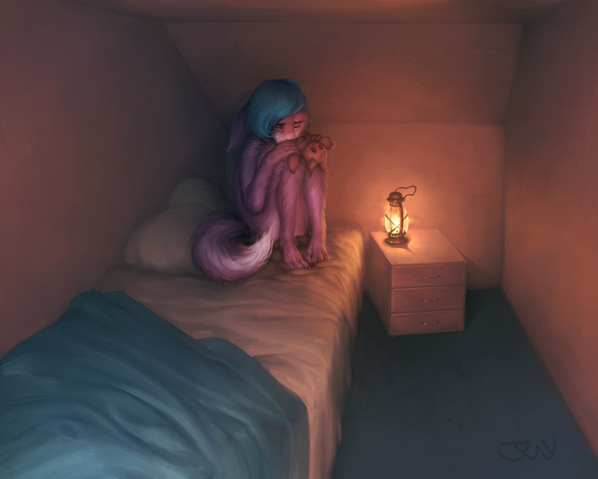 2021 5:4 anthro bodily_fluids canid canine crying dark_room fennec fox hi_res highlights_(coloring) holding_knees holding_object holding_toy humanoid lamp lantern liminal_spaces male mammal painting_(artwork) sitting solo tears toy traditional_media_(artwork) twymouse