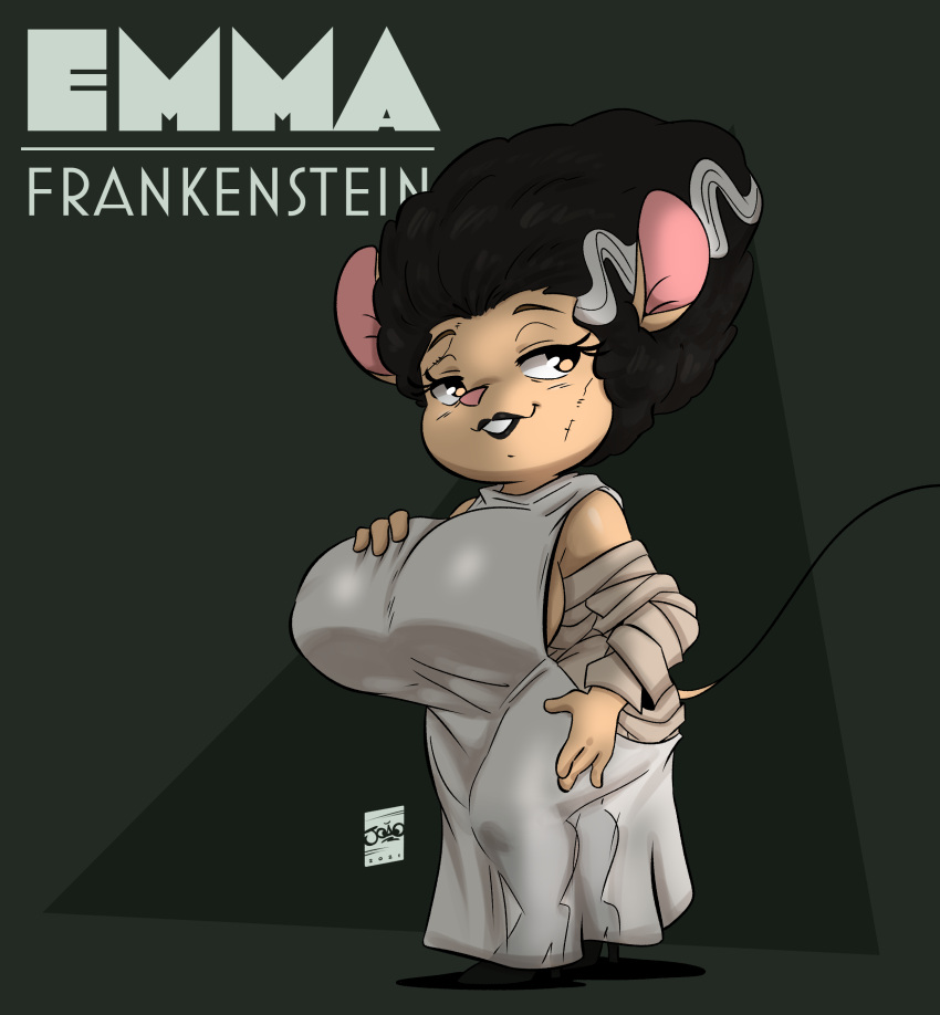 2021 absurd_res anthro big_breasts black_and_white_hair breasts bride_of_frankenstein clothed clothing digital_media_(artwork) emma_martin female frankenstein's_bride gwen_geek hand_on_hip hi_res holding_breast joaoppereiraus mammal mature_female mouse murid murine rodent short_stack solo