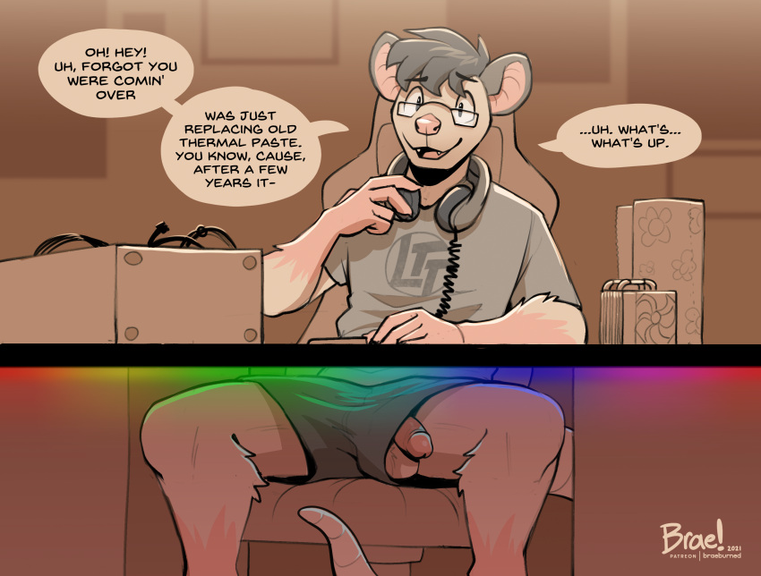 accidental_exposure anthro balls bottomwear braeburned circumcised clothed clothing computer dialogue digital_media_(artwork) english_text eyewear fully_clothed fur furniture gaming gaming_chair genitals glans glasses hair headphones hi_res humanoid_genitalia humanoid_penis linus_tech_tips looking_at_viewer male mammal marsupial penis penis_through_leghole phalangeriform pink_glans pink_penis poking_out shirt shorts smile solo speech_bubble text text_on_clothing text_on_shirt text_on_topwear topwear unaware wardrobe_malfunction