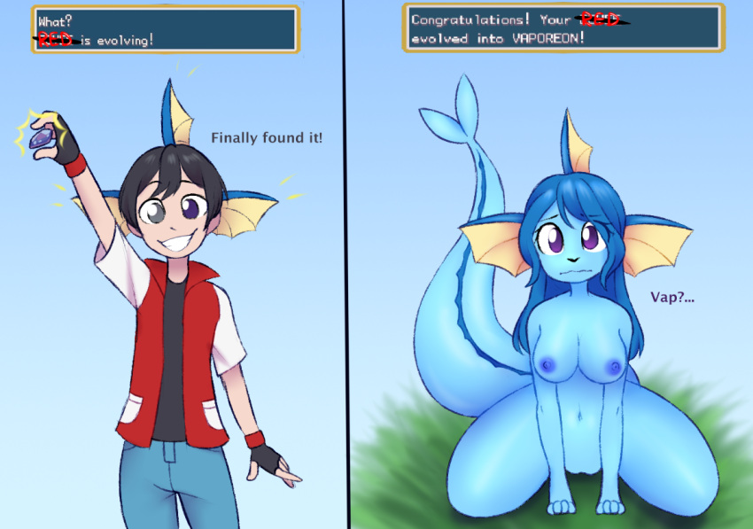 2021 anthro before_and_after bent_legs black_hair blue_body blue_hair blush breast_growth breasts eeveelution english_text evolutionary_stone extended_arms female gameplay_mechanics gender_transformation grass growth hair hands_between_legs holding_evolutionary_stone holding_object human human_to_anthro instant_loss_2koma instant_transformation kneeling looking_at_viewer male mammal medium_breasts mtf_transformation nintendo nipples one_hand_up overwritten plant pok&eacute;mon pok&eacute;mon_(species) raised_arm raised_hand red_(pok&eacute;mon) simple_background smile solo species_transformation standing straight_legs strikethrough tail_growth text text_box thick_tail transformation vaporeon video_games water_stone zorym