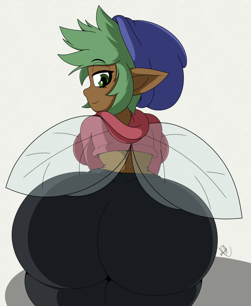 2021 8k absurd_res big_breasts big_butt breasts brown_body brown_skin butt clothing curvy_figure digital_media_(artwork) eyelashes fairy female green_eyes green_hair hair hat headgear headwear hi_res hoodie hourglass_figure huge_butt humanoid humanoid_pointy_ears looking_at_viewer looking_back midriff not_furry nr_ac rear_view signature simple_background smile solo thick_thighs topwear voluptuous white_background wide_hips wings