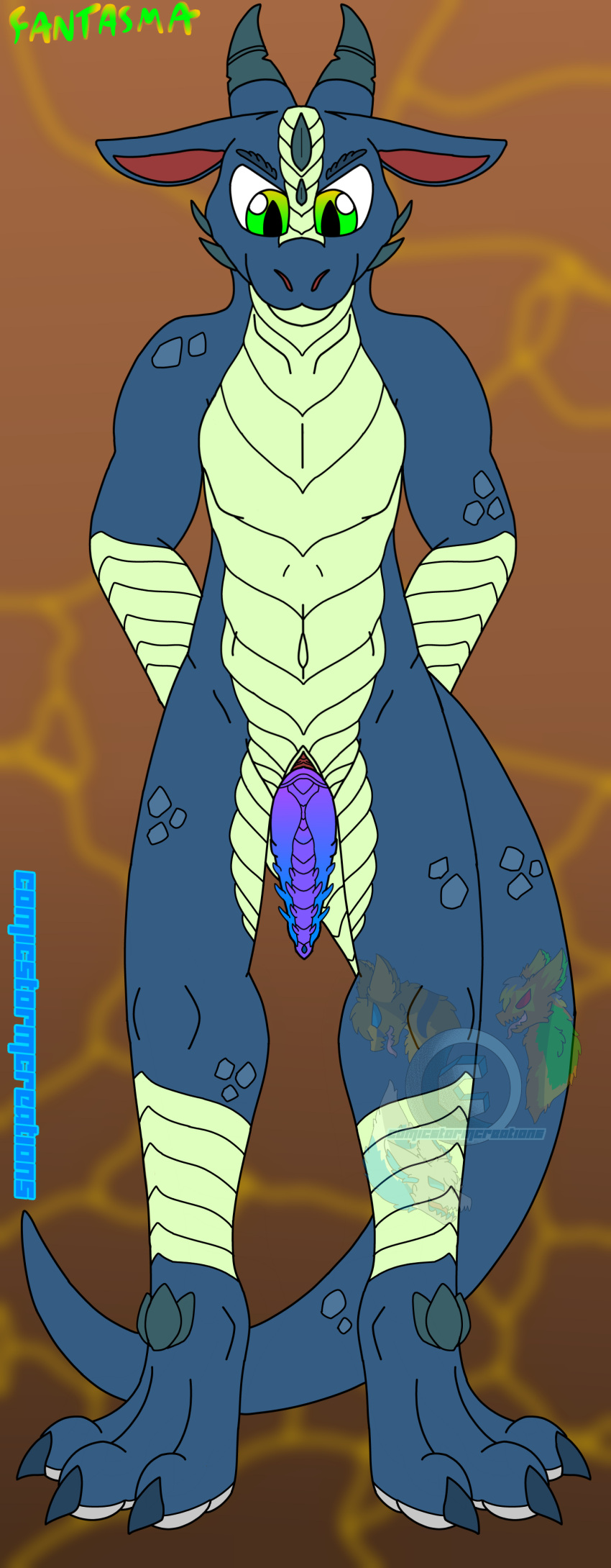 absurd_res anthro biped claws comicstormcreations digital_media_(artwork) genitals ghost_(comicstormcreations) hi_res kobold male nude penis reptile scalie simple_background smile solo text