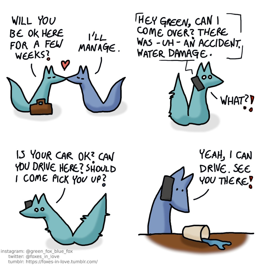 &lt;3 1:1 blue_body blue_fox_(foxes_in_love) blue_fur blue_tail canid canine comic dialogue duo english_text feral fox foxes_in_love fur green_body green_fox_(foxes_in_love) green_fur green_tail hi_res kissing male_(lore) mammal phone romantic romantic_couple shadow shared_heart simple_background text url
