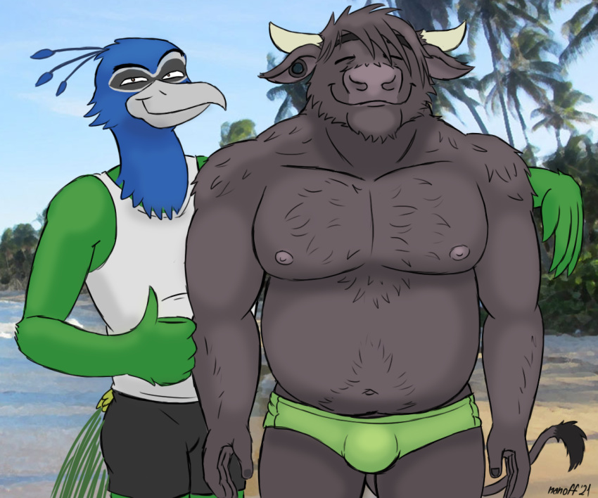 6:5 anthro avian beach bird bottomwear bovid bovine cattle clothing duo european_mythology eyes_closed front_view fur fur_tuft galliform gesture greek_mythology horn hover_hand male male/male mammal minotaur minotaur_hotel musclegut muscular muscular_male mythology nanoff nipples p_(minotaur_hotel) peafowl phasianid seaside shirt shirtless shirtless_male shorts size_difference smile smiling_at_viewer smug speedo storm_(minotaur_hotel) swimwear tank_top thumbs_up topwear tuft