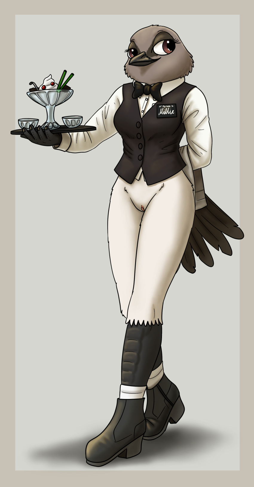 absurd_res anthro avian bartender bird boots bottomless bow_tie clothed clothing dessert female fish_birb food footwear genitals hi_res ice_cream millie_(fish_birb) oscine partially_clothed passerine pussy simple_background socks solo starling_(bird) suit waiter