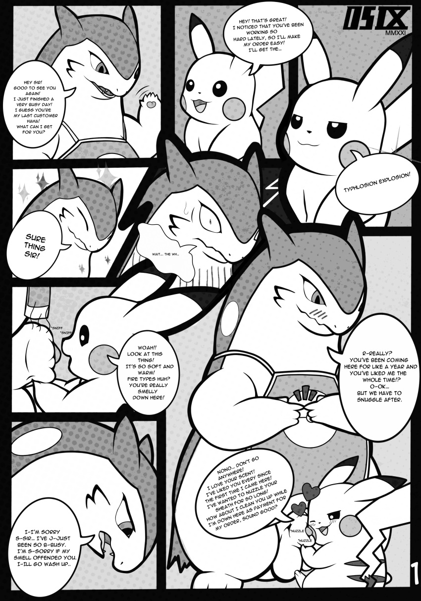 &lt;3 absurd_res animal_genitalia bedroom_eyes blush blush_lines comic dialogue dipstick_ears dsub9 duo english_text feral genitals gesture happy hi_res male male/male monochrome multicolored_ears narrowed_eyes nervous nintendo nuzzling penis penis_sniffing pikachu pok&eacute;mon pok&eacute;mon_(species) seductive sheath shocked shocked_expression shy size_difference slightly_chubby smaller_dom smelly sniffing speech_bubble text typhlosion video_games waving