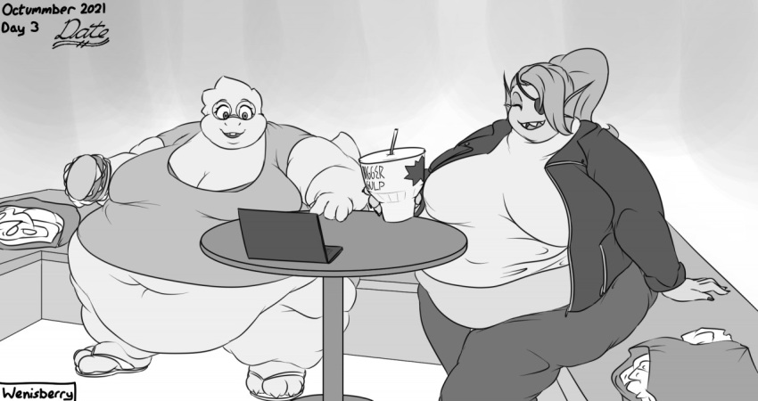 alphys anthro anthro_on_anthro belly belly_overhang beverage big_belly big_breasts booth bottomwear bra breasts buckteeth burger claws cleavage clothed clothing computer date deep_navel detailed_background duo english_text eye_patch eyes_closed eyewear female female/female fin fish food footwear front_view furniture glasses greyscale hair head_fin holding_beverage holding_burger holding_food holding_object huge_breasts huge_hips huge_thighs inside jacket laptop lizard marine midriff monochrome morbidly_obese morbidly_obese_anthro morbidly_obese_female navel navel_outline non-mammal_breasts obese obese_anthro obese_female open_mouth open_smile overweight overweight_anthro overweight_female pants ponytail reptile restaurant romantic romantic_couple sandals scalie sharp_teeth shirt shorts signature sitting smile soda table teeth text thick_tail thick_thighs three-quarter_view topwear undertale undertale_(series) underwear undyne video_games wenisberry wide_hips