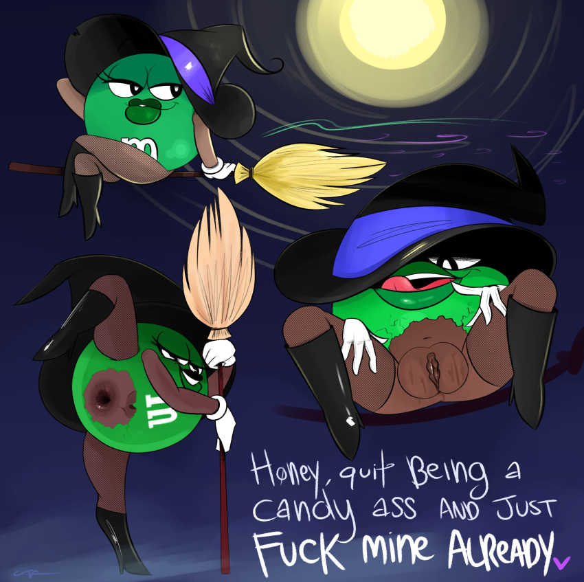 anus broom broom_riding candy chocolate cleaning_tool clothing crossed_legs dessert english_text female food food_creature genitals hat headgear headwear hi_res lips living_candy moon ms._green_(m_m) not_furry ota_(artist) pussy solo spread_legs spreading text witch_hat