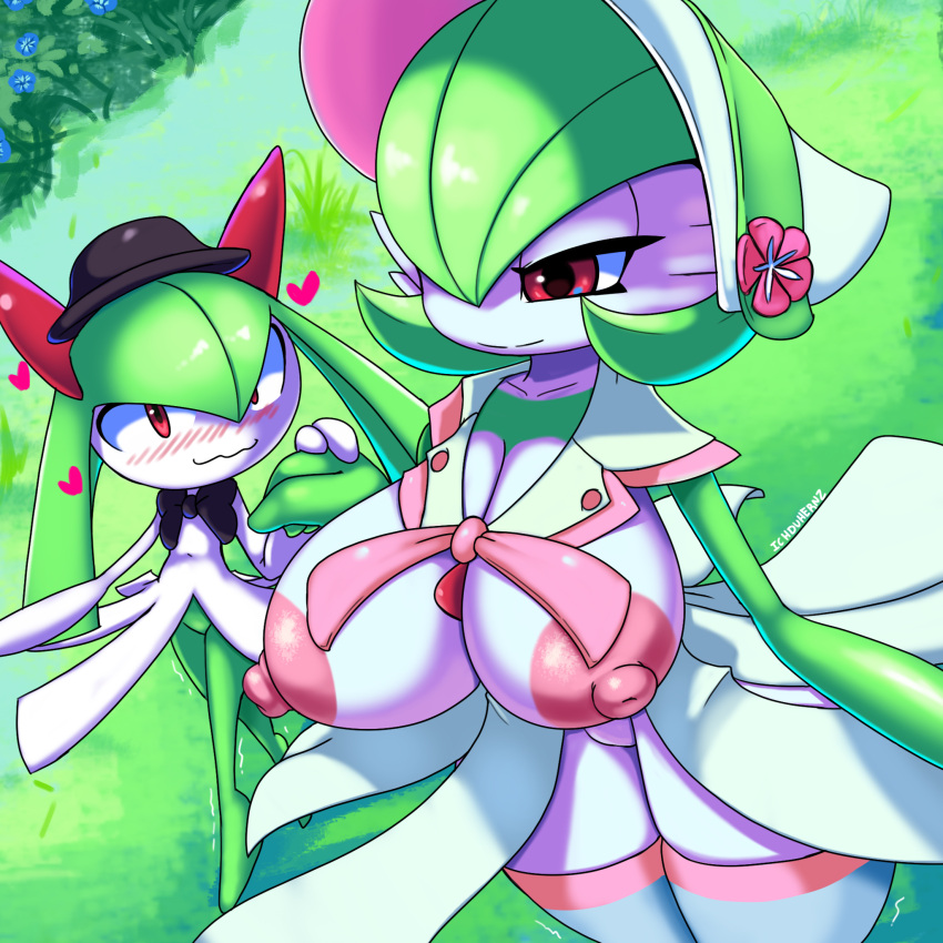&lt;3 1:1 ambiguous_gender big_breasts blush breasts duo fashionable_style_gardevoir female female/ambiguous gardevoir grass green_hair hair hi_res humanoid ichduhernz kirlia larger_female nintendo nipples not_furry plant pok&eacute;mon pok&eacute;mon_(species) size_difference video_games