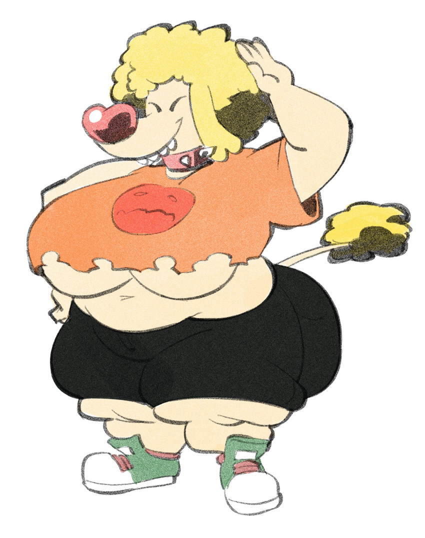 anthro athletic_clothing big_breasts big_butt big_nose blonde_hair bottomwear breasts butt canid canine canis catdog_(series) chubby_female clothed clothing collar crop_top crop_top_overhang curvy_figure domestic_dog eyebrows eyes_closed fangs female footwear fully_clothed gesture hair hi_res huge_breasts huge_butt mammal nickelodeon nondelismell overweight poodle salute sharp_teeth shirt shirt_symbol shoes short_stack shorts shriek_dubois skimpy slightly_chubby smile sneakers solo spiked_collar spikes teeth topwear torn_clothing under_boob voluptuous yellow_body