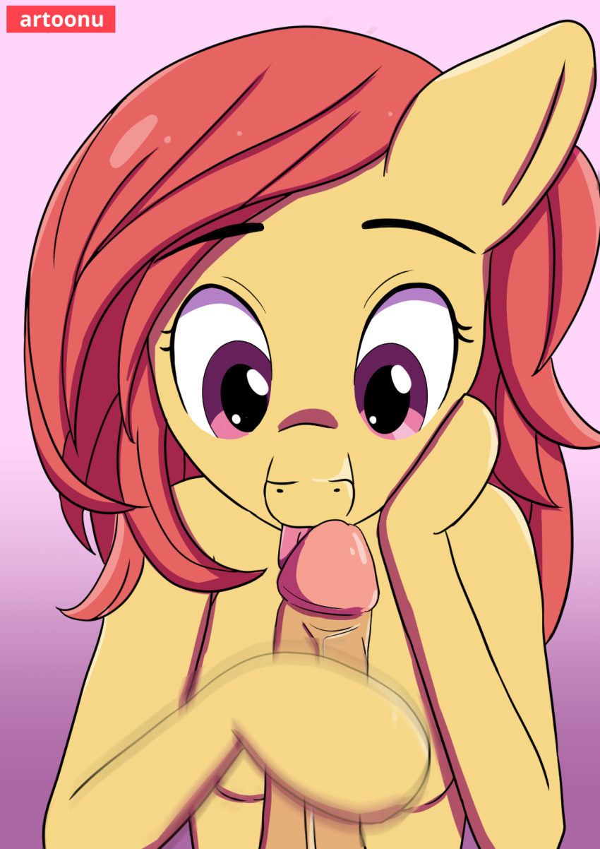 2021 anthro artoonu breasts duo equid equine female genitals hair handjob hasbro hi_res horse human human_on_anthro interspecies licking male male/female mammal motion_lines my_little_pony nude oral penile penis penis_lick pony purple_eyes red_hair sex signature small_breasts tongue tongue_out yellow_body
