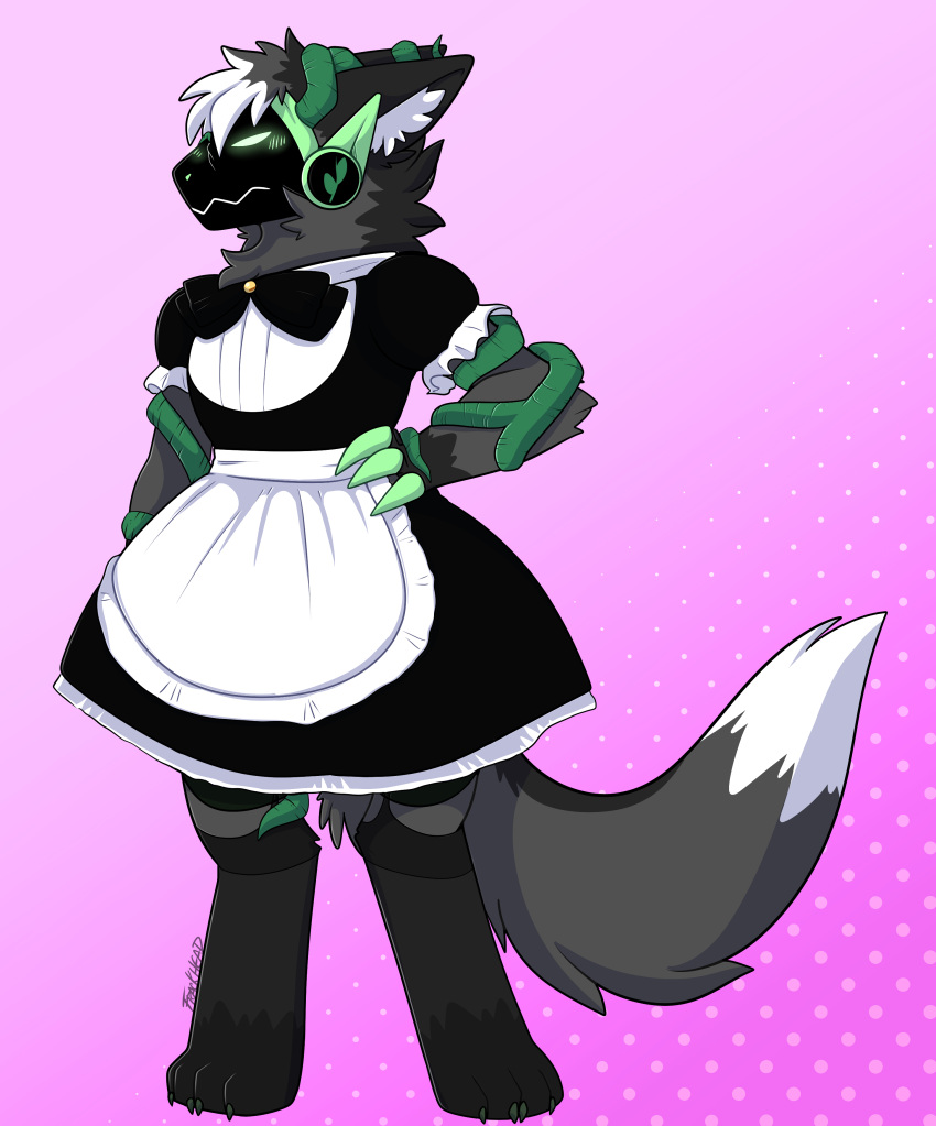 2021 absurd_res angry anthro blush blush_lines clothing frackhead green_blush head_tuft hi_res kinktober legwear lingerie machine maid_apron maid_uniform male protogen protogen_visor solo thigh_highs tuft uniform