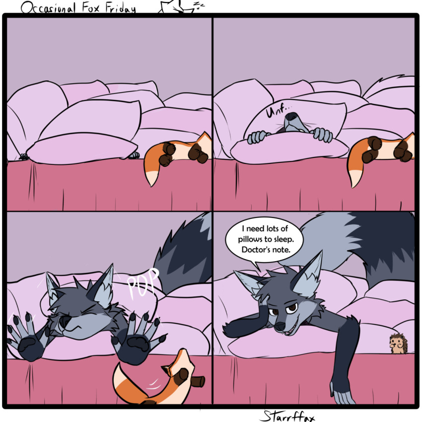 1:1 5_fingers anthro bed black_nose brown_eyes canid canine comic dialogue dipstick_ears dipstick_tail english_text fingers fox fur furniture grey_body grey_fur hi_res male mammal markings multicolored_body multicolored_ears multicolored_fur pillow plushie solo starrffax starrffax_(fox_sona) tail_markings teeth text two_tone_body two_tone_fur