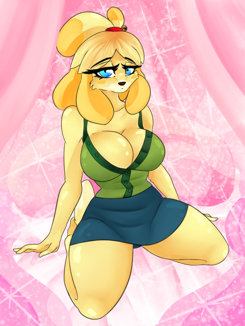 absurd_res animal_crossing anthro big_breasts blue_eyes bottomwear breasts canid canine cassielink cleavage clothed clothing digital_drawing_(artwork) digital_media_(artwork) digital_painting_(artwork) female glistening glistening_body glistening_eyes glistening_skin hair hi_res isabelle_(animal_crossing) mammal nintendo pencil_skirt pinup pose sketch skirt solo video_games