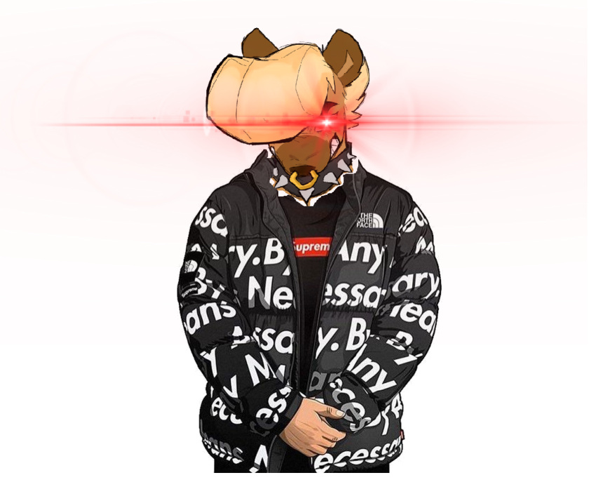 alpha_channel anthro clothing collar denise_dippens_(character) edit gnoll goonie-san hyaenid jacket male mammal meme red_eyes shirt solo supreme text text_on_clothing text_on_jacket text_on_shirt text_on_topwear topwear