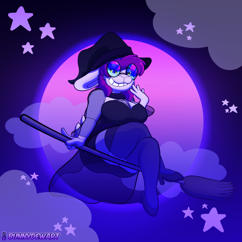 1:1 anthro big_breasts breasts broom bunnydewart cel_shading cleaning_tool cleavage clothed clothing cloud dress eyewear female fur glasses grin hair halloween hat headgear headwear hi_res holidays lagomorph leporid magic_user mammal mischievous mischievous_smile moon nichole_(bunnydewart) night pentagram purple_eyes purple_hair rabbit round_glasses shaded sky smile solo star thick_thighs white_body white_fur witch witch_costume witch_hat yellow_sclera