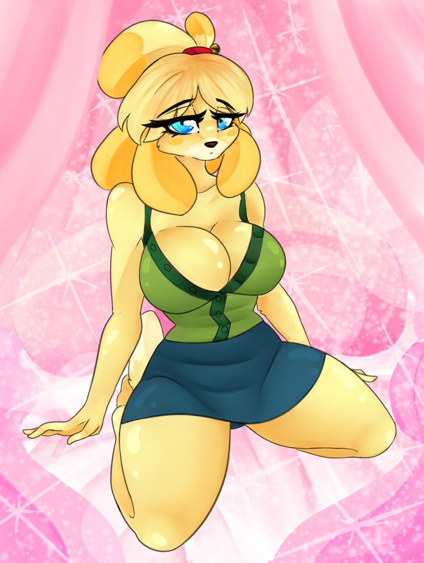 absurd_res animal_crossing anthro blue_eyes bottomwear breasts cassielink clothing digital_drawing_(artwork) digital_media_(artwork) digital_painting_(artwork) female fur glistening glistening_body glistening_skin hi_res isabelle_(animal_crossing) nintendo pencil_skirt pinup pose sketch skirt solo video_games yellow_body yellow_fur