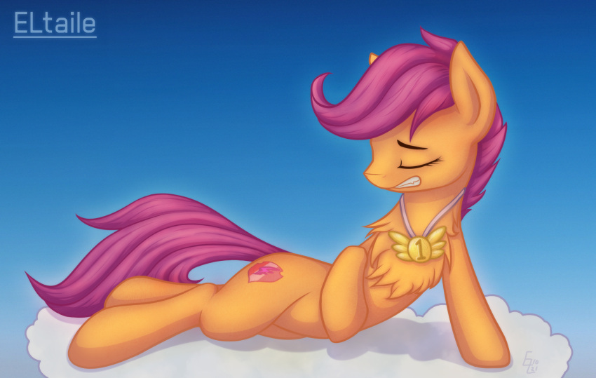 cloud eltaile equid equine female friendship_is_magic hasbro hi_res horse mammal medal my_little_pony pegasus pony scootaloo_(mlp) sky smug solo wings