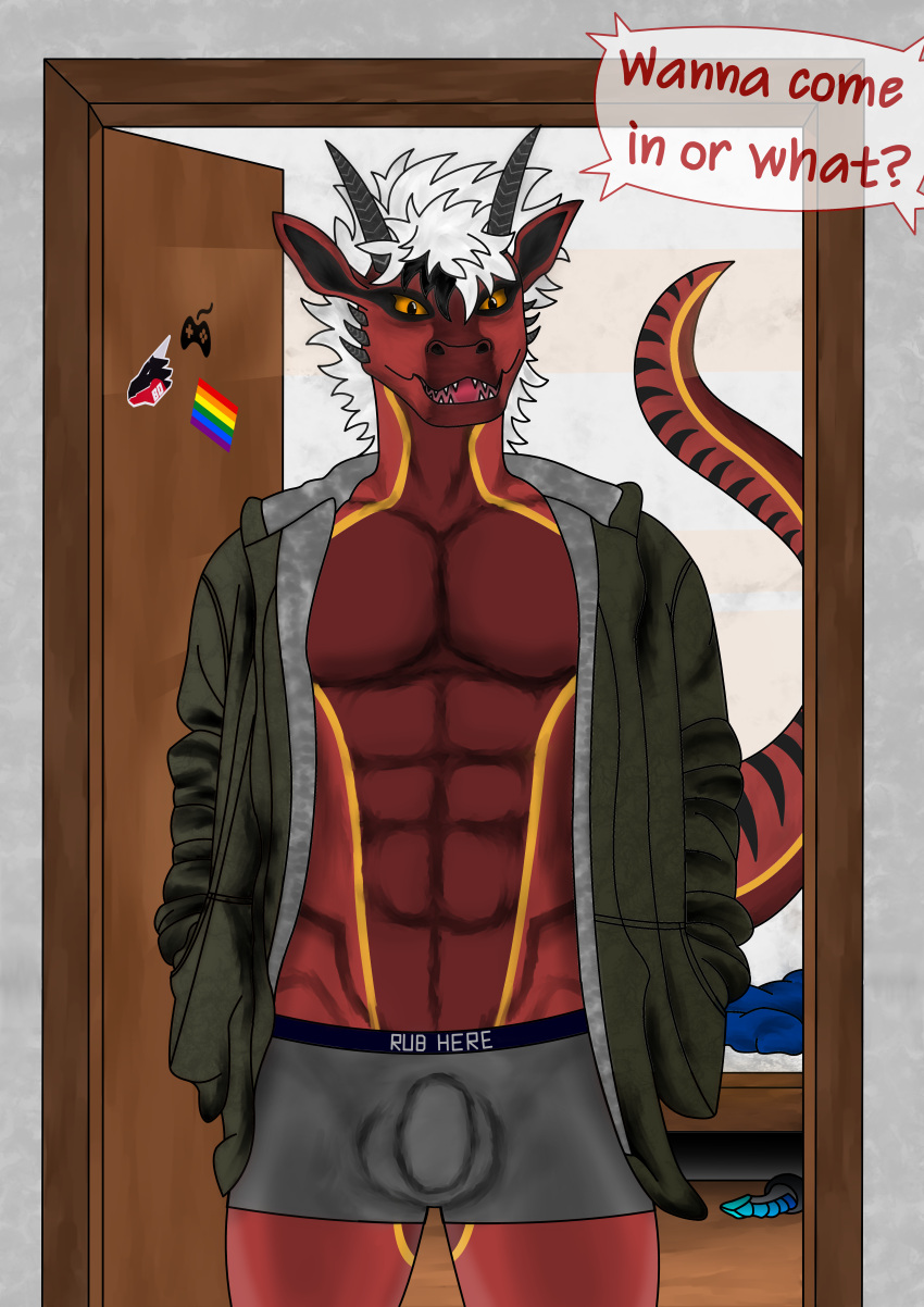 2021 absurd_res anthro bad_dragon bedroom boxers_(clothing) bulge clothed clothing dialogue digital_media_(artwork) dildo dragon english_text gariyuu hair hi_res horn inside jacket lgbt_pride looking_at_viewer male muscular open_clothing open_mouth open_shirt open_topwear partially_clothed pecs pride_colors rainbow_flag rainbow_pride_flag rainbow_symbol raised_tail red_body scalie sex_toy shaded shirt six-stripe_rainbow_pride_colors solo speech_bubble standing stickers tail_motion tailwag text text_on_briefs text_on_clothing text_on_underwear topwear underwear venclec white_hair