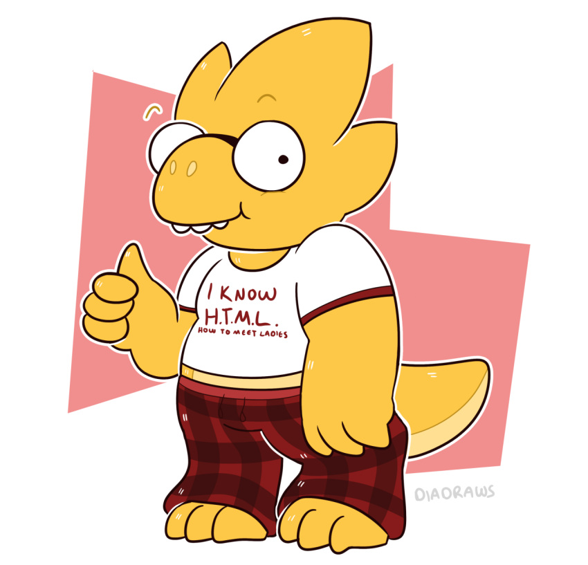 alphys anthro barefoot clothing diadraws dimples english_text eyewear feet female gesture glasses hi_res lizard looking_aside looking_at_viewer overbite pajamas reptile scales scalie shirt simple_background smile solo standing text thick_tail three-quarter_view thumbs_up topwear two-tone_scales undertale undertale_(series) video_games yellow_body yellow_scales