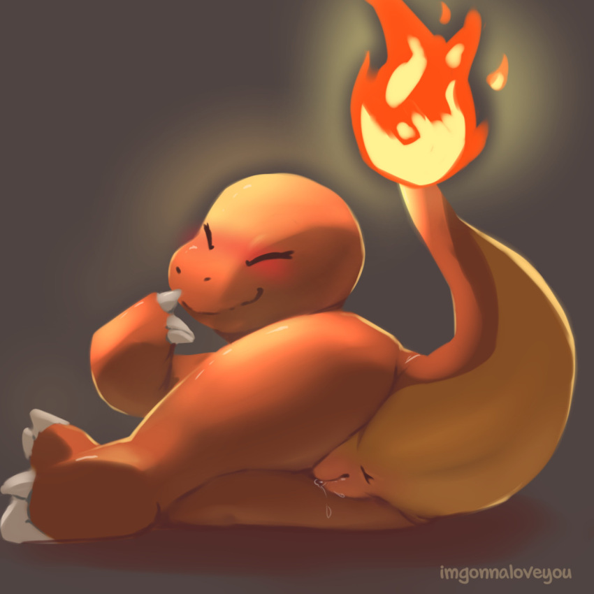 1:1 2021 anus better_version_at_source blush bodily_fluids butt charmander claws cleft_of_venus digital_media_(artwork) eyes_closed female feral finger_claws fire flaming_tail genital_fluids genitals grey_background hi_res imgonnaloveyou multicolored_body nintendo orange_body pok&eacute;mon pok&eacute;mon_(species) pussy pussy_juice rear_view shaded simple_background smile solo toe_claws two_tone_body video_games white_claws yellow_body