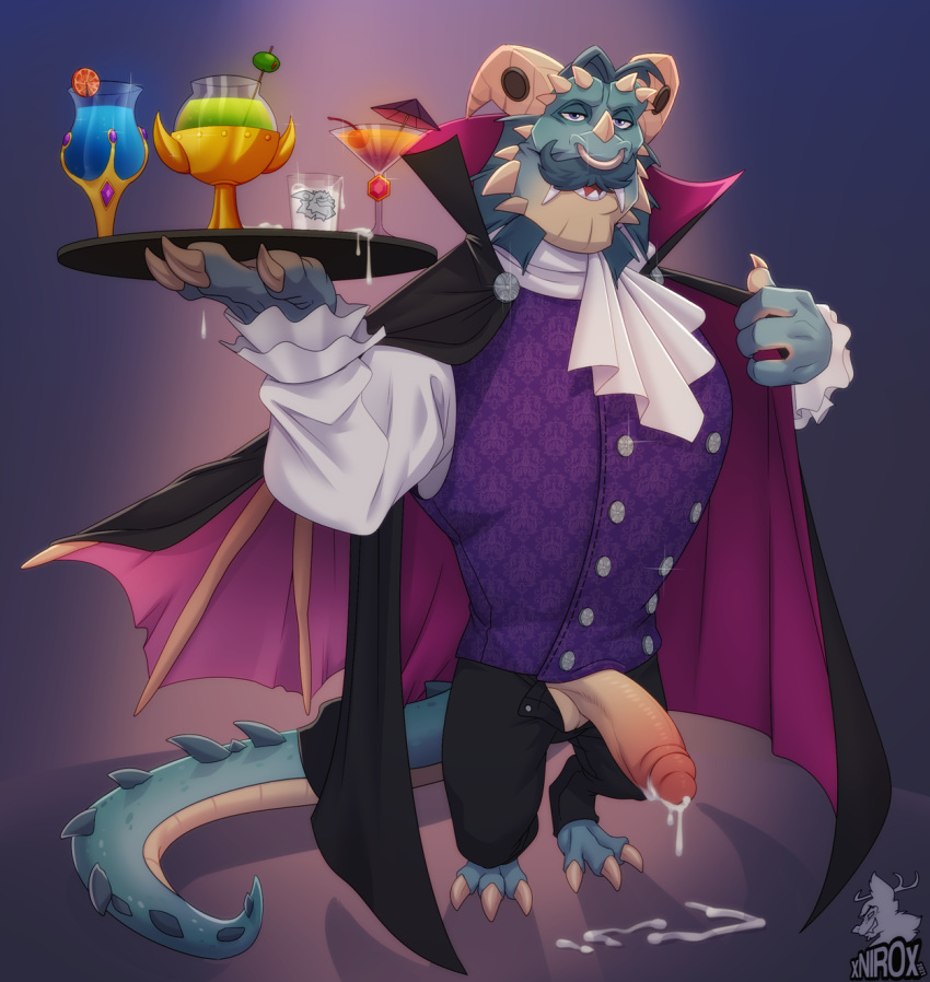 activision alcohol anthro balls beverage bodily_fluids clothing cocktail conditional_dnp costume cum cum_in_a_cup dragon erection facial_piercing gavin_(spyro) genital_fluids genitals hi_res male nose_piercing nose_ring penis piercing presenting rescued_dragons_(spyro) simple_background solo spyro_reignited_trilogy spyro_the_dragon vampire_costume video_games xnirox