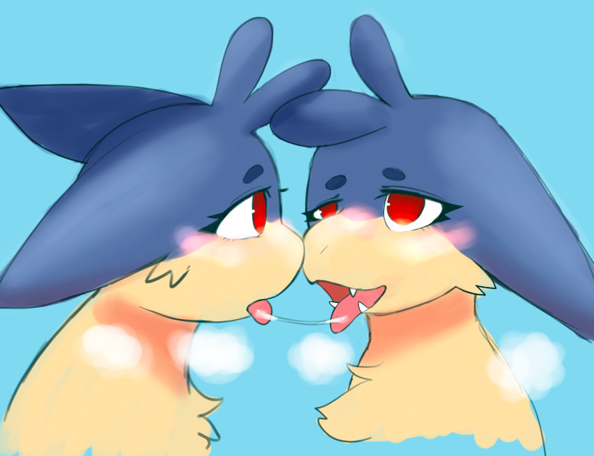 after_kiss blue_body blue_fur blush bodily_fluids borky-draws duo ember_the_typhlosion eye_contact fangs female female/female feral fur hi_res looking_at_another nintendo pok&eacute;mon pok&eacute;mon_(species) red_eyes saliva saliva_string selfcest square_crossover tongue tongue_out typhlosion video_games yellow_body yellow_fur