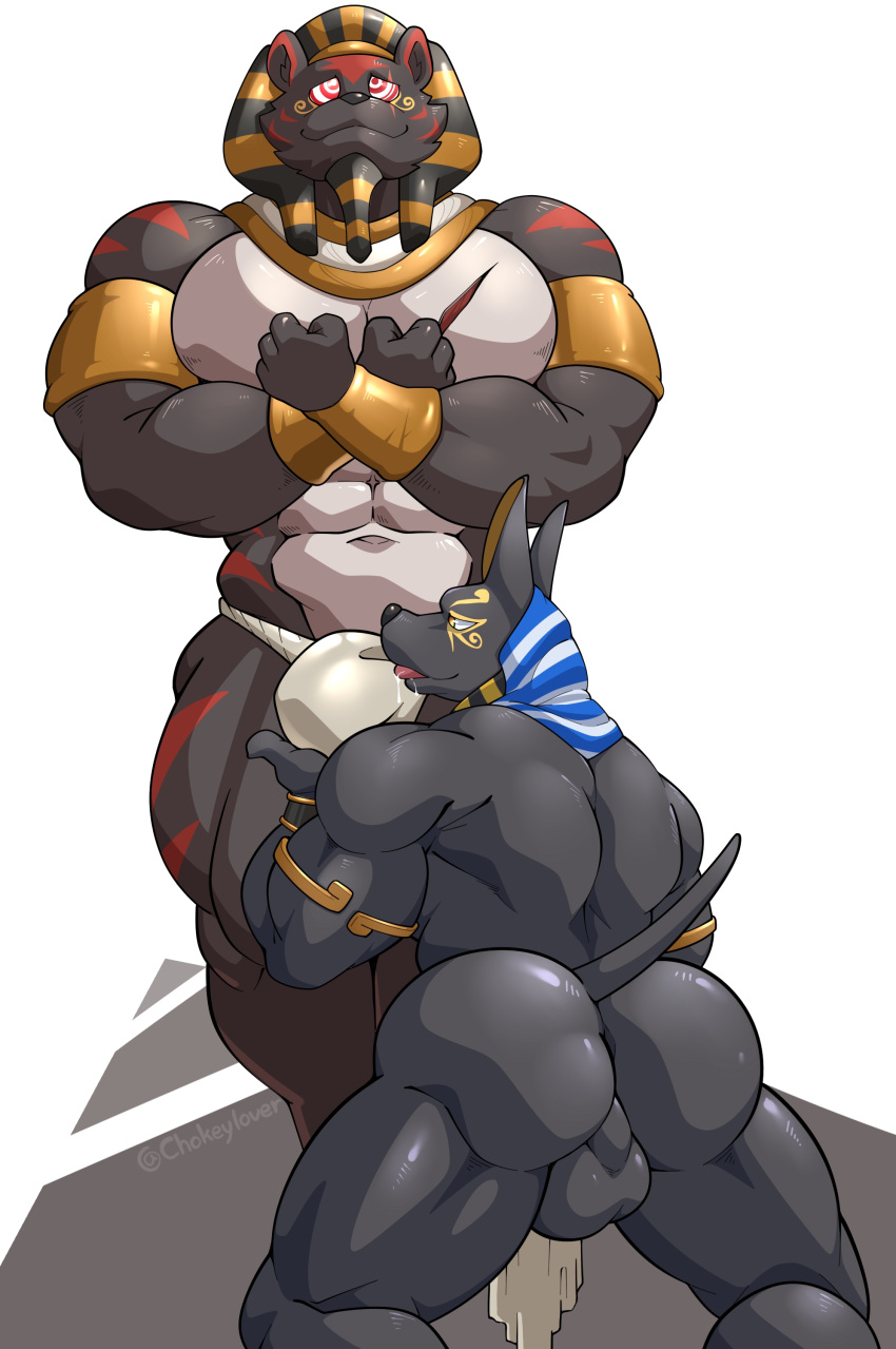 absurd_res anthro anubian_jackal anubis armband asian_clothing backsack balls big_muscles big_pecs black_body black_fur bracelet bulge butt canid canine canis clothing deity duo east_asian_clothing egyptian_mythology felid fundoshi fur genitals gold_(metal) gold_jewelry hi_res jackal japanese_clothing jewelry licking maldu male male/male mammal melanistic middle_eastern_mythology mind_control muscular muscular_anthro muscular_male mythology pantherine pecs perineum ringed_eyes standing tiger tongue tongue_out underwear