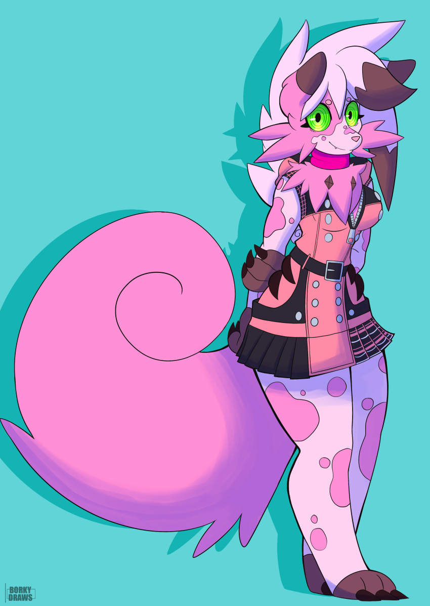 absurd_res allison_(kyuu13) anthro anthrofied belt big_tail borky-draws clothing female fur green_eyes hi_res lycanroc nintendo paws pink_body pink_fur pok&eacute;mon pok&eacute;mon_(species) solo spots video_games zipper