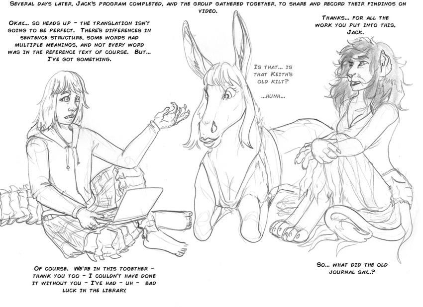 amanda_(tcitw) anthro arania armadillo_girdled_lizard asinus bottomwear carla_(tcitw) claws clothed clothed_feral clothing comic computer conic dialogue donkey english_text equid equine felid female feral fur girdled_lizard group hair herm_(lore) humanoid jack_(tcitw) laptop lion lizard male mammal monochrome pantherine reptile scalie sitting skirt tail_tuft text the_cabin_in_the_woods_(arania) tuft