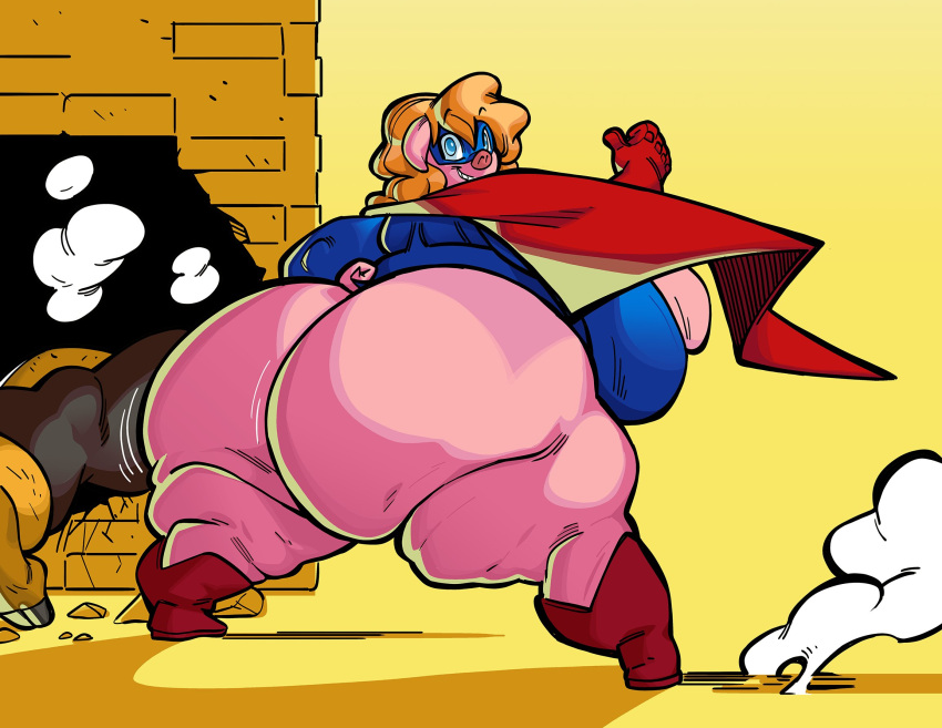 2021 anthro big_butt blonde_hair blue_eyes boots bulge butt cape clothing domestic_pig dr._ham duo female footwear gloves hair handwear hi_res lady_oink looking_back male mammal nondelismell obese obese_anthro obese_female overweight overweight_anthro overweight_female rear_view short_tail suid suina superhero sus_(pig)