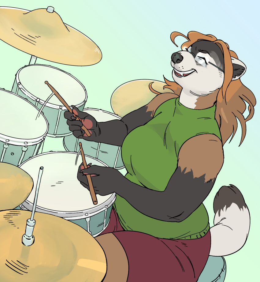 anthro black-footed_ferret brown_hair chubby_female clothed clothing domestic_ferret drum emma_campbell entodonyx eyewear female fur glasses hair hi_res long_hair mammal multicolored_body multicolored_fur musical_instrument mustela mustelid musteline open_mouth percussion_instrument simple_background slightly_chubby smile solo true_musteline