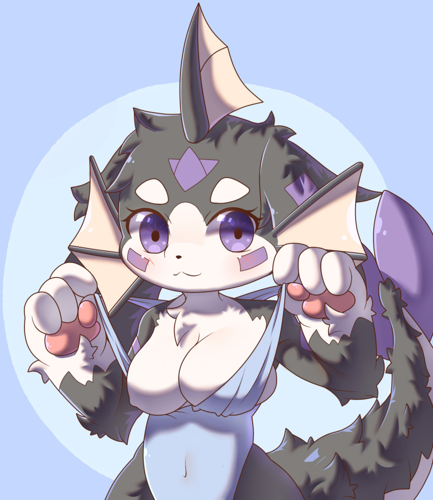 ajun_(artist) ajun_(character) anthro big_breasts black_nose breasts chest_tuft clothing clothing_pull ear_fins eyelashes female fin fur fur_markings glistening glistening_eyes grey_body hair head_fin hi_res hybrid kemono long_tail looking_at_viewer mammal marine markings multicolored_body multicolored_fur one-piece_swimsuit one_breast_out pawpads pseudo_hair purple_eyes simple_background solo standing swimwear tail_fin tuft two_tone_body two_tone_fur two_tone_tail white_body white_chest
