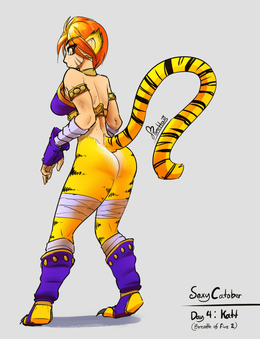 2021 animal_humanoid bottomless breath_of_fire butt capcom cat_humanoid clothed clothing collar digital_media_(artwork) english_text felid felid_humanoid feline feline_humanoid female feretta fur hair hi_res humanoid katt_(breath_of_fire) looking_at_viewer mammal mammal_humanoid orange_hair rear_view shaded simple_background text video_games yellow_body yellow_fur