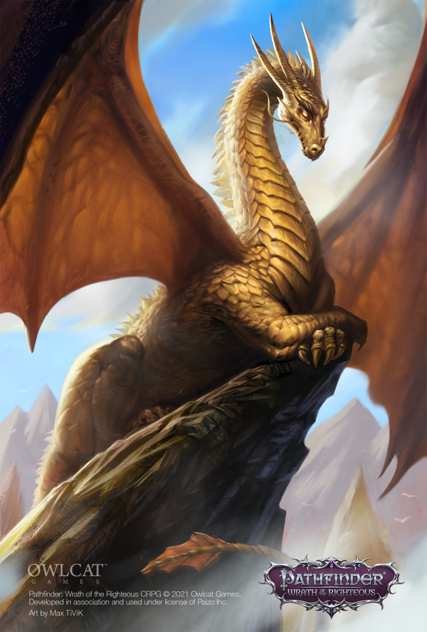 ambiguous_gender claws detailed_background digital_media_(artwork) dragon english_text feral gold_body gold_scales hi_res horn logo lying max_tivik membrane_(anatomy) membranous_wings mount official_art on_front pathfinder pathfinder:_wrath_of_the_righteous scales scalie solo text toe_claws video_games western_dragon whiskers wings yellow_body yellow_eyes yellow_horn yellow_scales