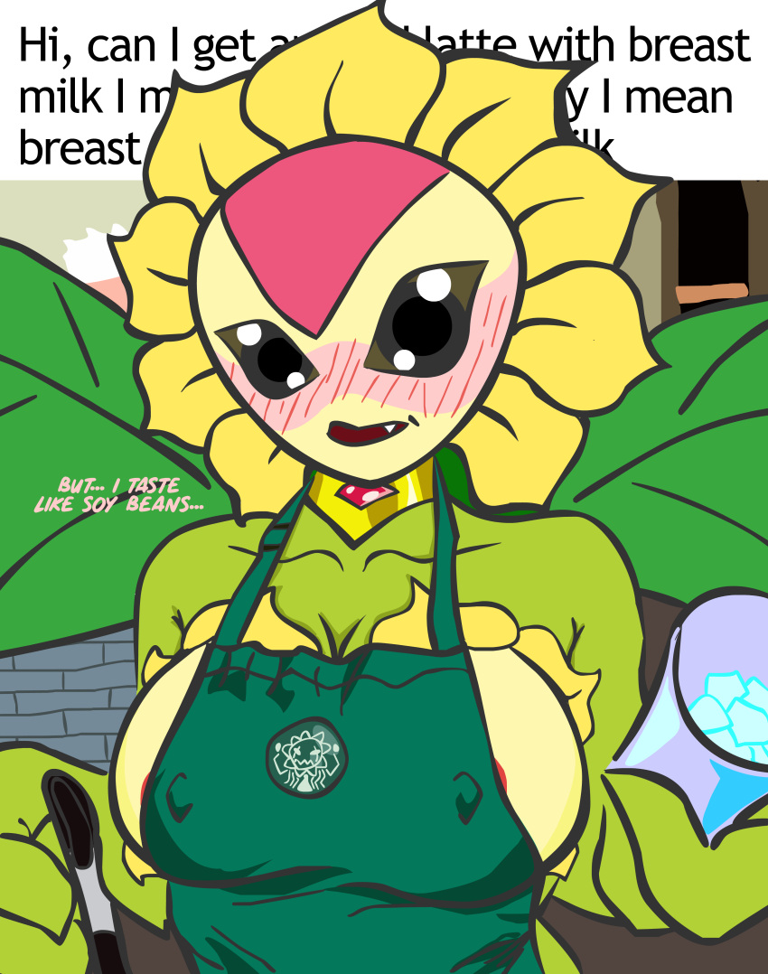 absurd_res alpha_channel anonymous_artist apron apron_only bandai_namco blush breasts clothed clothing cute_fangs digimon digimon_(species) elemental_creature elemental_humanoid english_text female flora_fauna flower flower_creature flower_humanoid green_apron hi_res humanoid i_mean_breast_milk looking_at_viewer meme meme_clothing mostly_nude not_furry plant plant_humanoid seductive side_boob side_view simple_background solo sunflower sunflowmon text