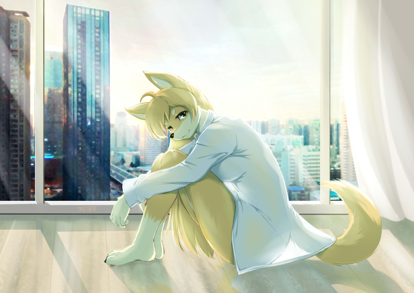 2020 anthro black_nose blonde_hair breasts canid canine city cityscape curtains day female fox fur hair hi_res inside looking_at_viewer mammal side_view smile solo treyer window yellow_body yellow_fur