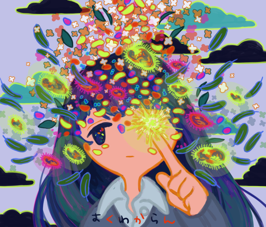1girl abstract absurdres bacteria bangs black_cloud blue_hair blue_sky collared_shirt covered_eyes flower glowing green_outline highres index_finger_raised leaf long_hair multicolored multicolored_eyes no_nose original portrait shirt sizucomaru sky solo sweater translation_request transparent white_shirt