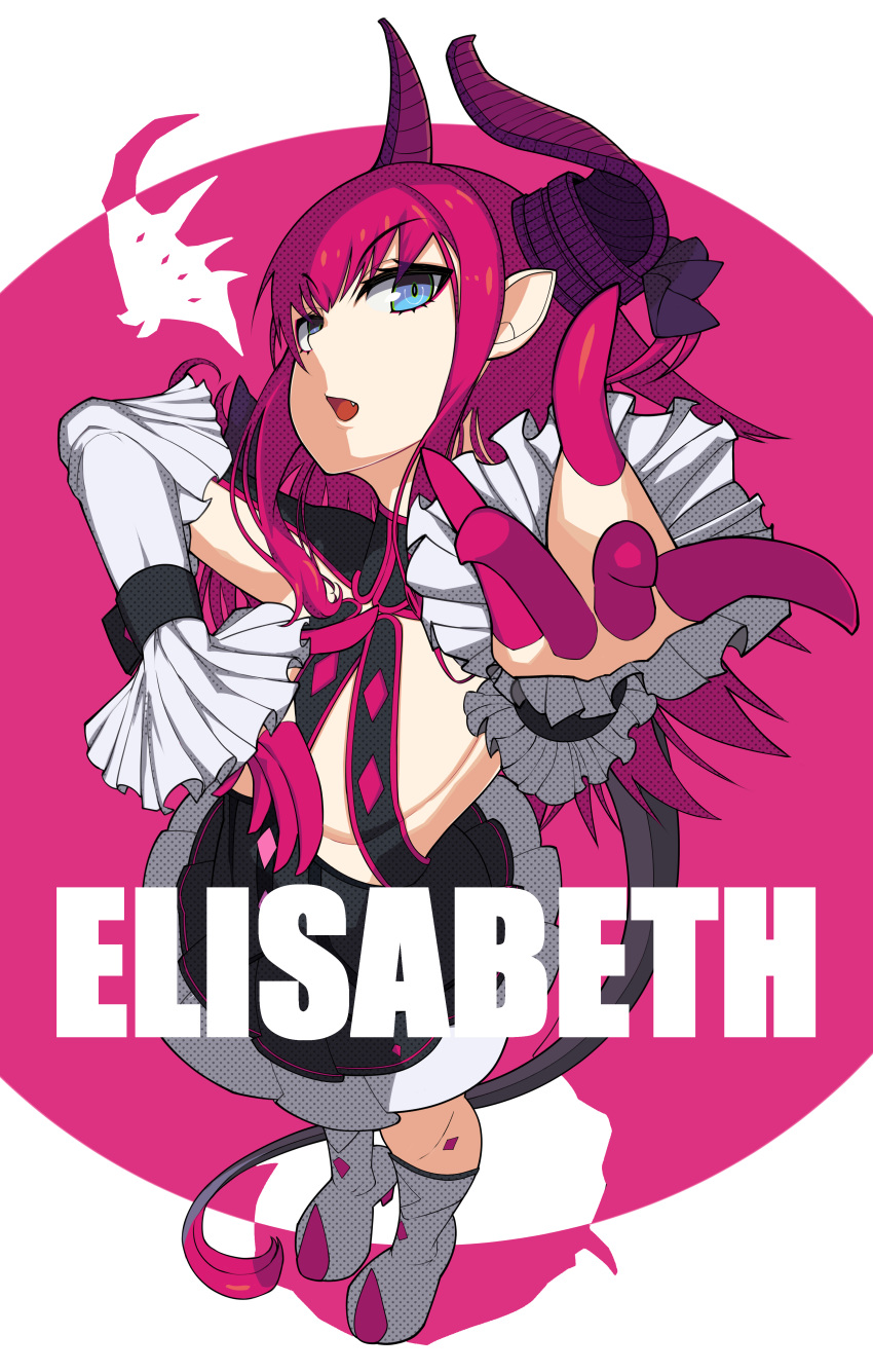 1girl absurdres asymmetrical_horns bangs black_dress blue_eyes boots claws detached_sleeves diamond_(shape) dragon_tail dress elizabeth_bathory_(fate) elizabeth_bathory_(fate)_(all) eyebrows_visible_through_hair eyes_visible_through_hair fang fate_(series) hair_ribbon head_tilt highres horns karasuma_kuraha long_hair looking_at_viewer open_mouth pink_hair pointy_ears ribbon simple_background solo tail text_focus white_footwear wrist_cuffs