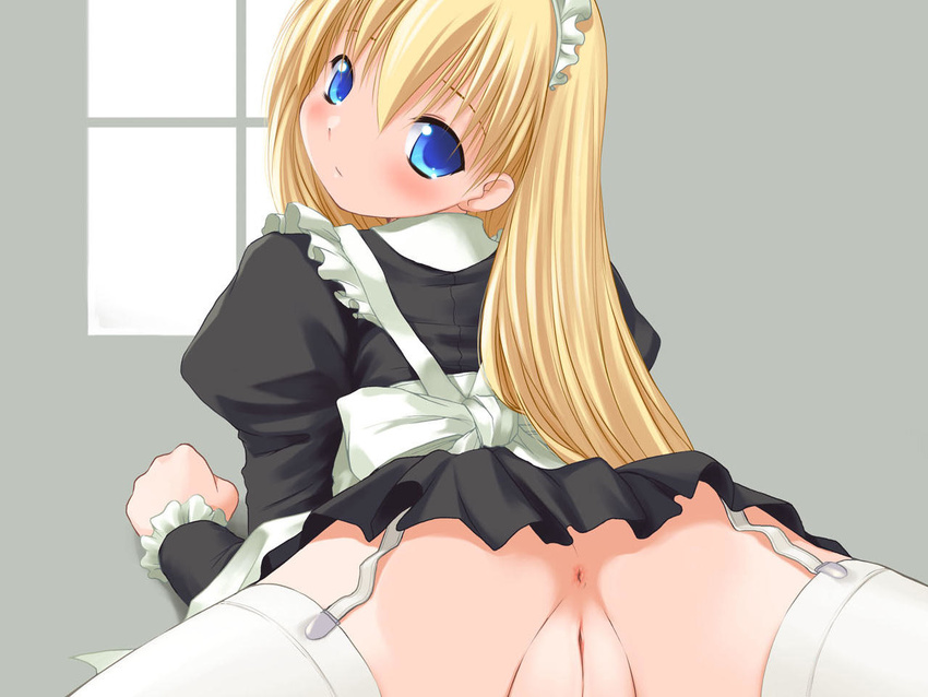 1girl anus blonde_hair blue_eyes blush bosshi cameltoe character_request game_cg head_turn leg_spread long_hair looking_at_viewer maid pov pov_eye_contact pussy solo spread_legs thighhighs uncensored