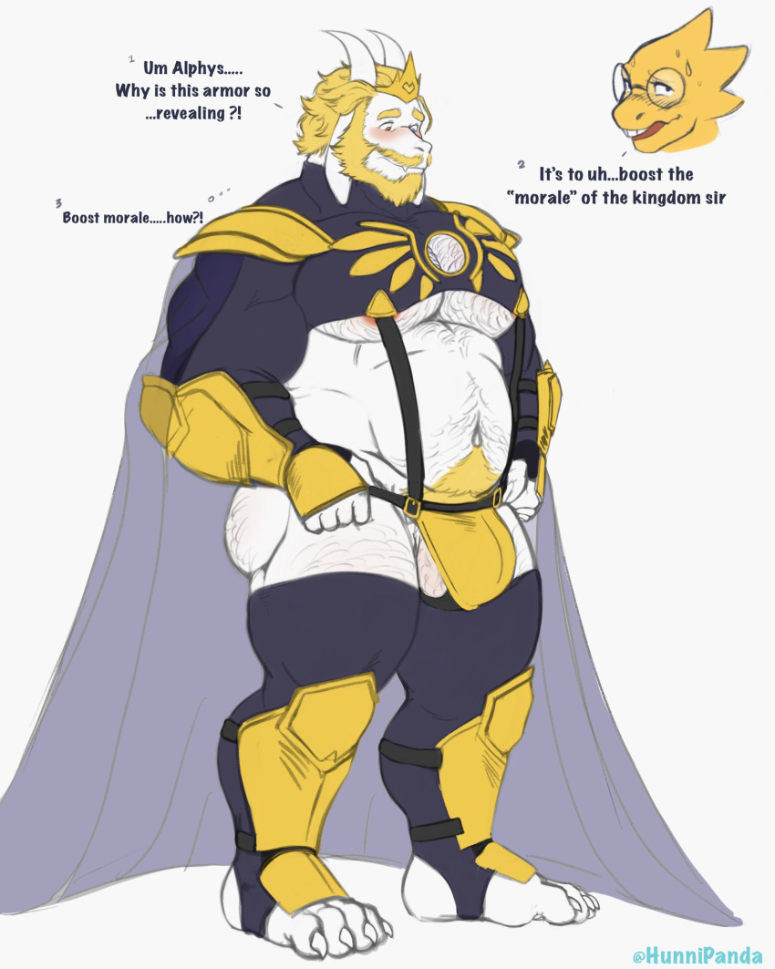 2021 alphys anthro anthro_focus armor asgore_dreemurr balls beard big_bulge big_muscles blonde_hair blush bodily_fluids body_hair boss_monster bovid bulge cape caprine chest_hair clothing crown dialogue duo english_text eyewear facial_hair female fingerless_gloves footwear fur genitals glasses gloves goat hair handwear happy_trail hi_res horn hunnipanda legwear lizard male male_focus mammal musclegut muscular muscular_anthro muscular_male navel pecs pubes reptile scalie simple_background smile solo_focus standing suspenders sweat sweatdrop text thick_thighs thigh_highs thong toeless_footwear unconvincing_armor undertale undertale_(series) underwear video_games white_background white_body white_fur yellow_body