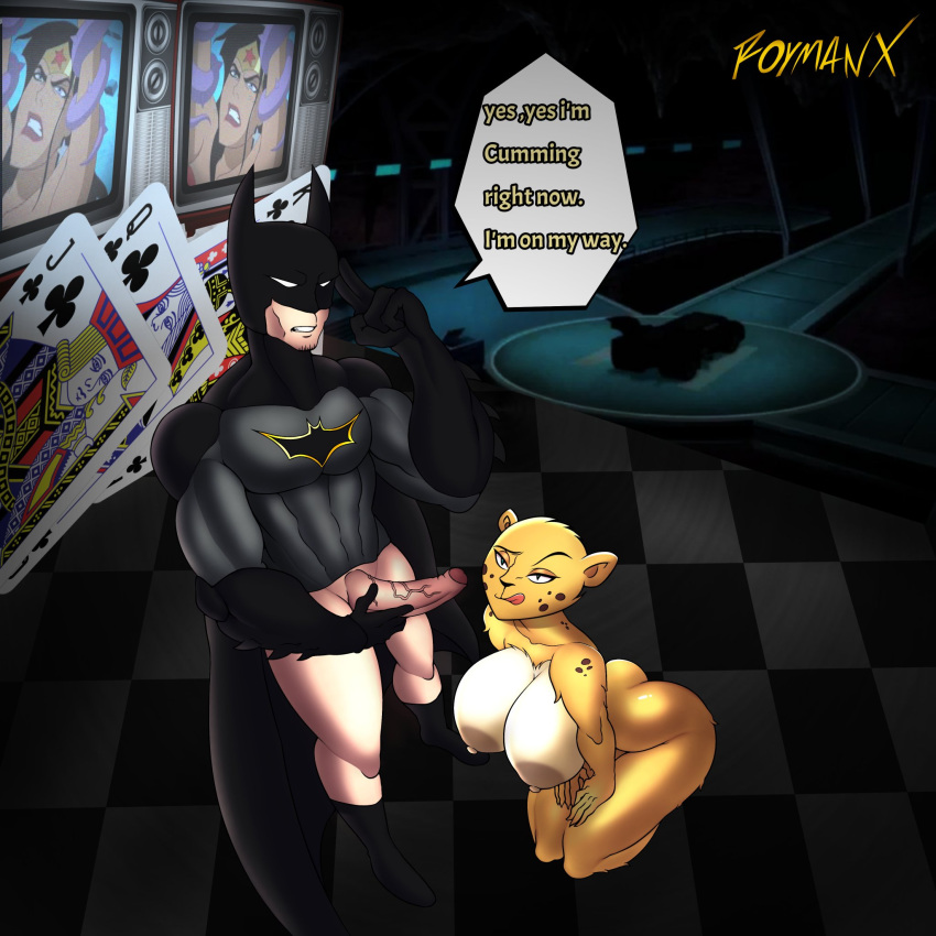 1:1 2021 abs anthro areola artist_name batman batman_(series) biceps big_areola big_breasts big_butt big_penis bottomless bottomless_human bottomless_male breasts brown_body brown_fur brown_spots butt cape cheetah cheetah_(dc) clothed clothing curvy_figure dc_comics detailed_background dialogue digital_media_(artwork) duo english_text eyelashes felid feline female female_on_human fingers fur genitals gloves handwear hi_res hourglass_figure huge_areola huge_breasts huge_butt huge_penis human human_on_anthro inside interspecies kneeling male male/female male_on_anthro mammal multicolored_body multicolored_fur muscular muscular_human muscular_male nipples nude pecs penis pupils roymanx slit_pupils smile spots spotted_body spotted_fur standing tan_body tan_skin teeth text thick_thighs tongue tongue_out two_tone_body two_tone_fur vein veiny_penis voluptuous white_body white_fur wide_hips wonder_woman yellow_body yellow_fur