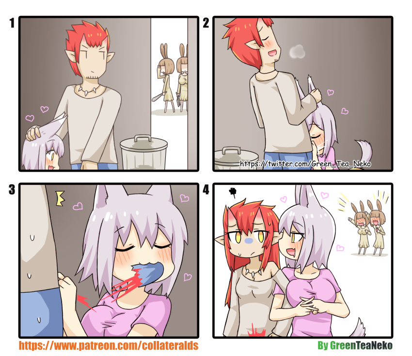 &lt;3 4koma absurd_res animal_humanoid asian_mythology big_breasts blood blood_stain blush bodily_fluids bottomwear breasts brown_clothing brown_dress brown_hair butcher_knife canid canid_humanoid canine canine_humanoid canis cheering chiropteran cleaver_(weapon) clothed clothing comic crossgender cum cum_in_mouth cum_inside demon denim denim_clothing digital_media_(artwork) dog_humanoid domestic_dog dress duo ear_grab east_asian_mythology english_text eye_roll eyes_closed fellatio female female/female female_penetrated genital_fluids genitals gesture greenteaneko grey_hair hair hand_over_shoulder hi_res hiding horn horned_humanoid humanoid humanoid_pointy_ears humor japanese_mythology jeans lagomorph lagomorph_humanoid leporid_humanoid light_body light_skin long_sleeves male male/female male_penetrating male_penetrating_female mammal mammal_humanoid melee_weapon mtf_crossgender mythology oni open_mouth oral pale pants penetration penile penis penis_bite rabbit_humanoid red_hair sex sweat text toony tooth_necklace trash_can url weapon yelling yellow_eyes yōkai