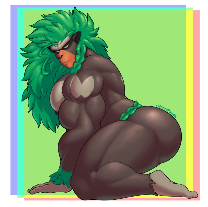 anthro big_butt big_muscles brown_body butt green_hair hair hi_res hunnipanda kneeling looking_at_viewer male mammal muscular muscular_anthro muscular_male nintendo nipples nude pecs pok&eacute;mon pok&eacute;mon_(species) pose primate rillaboom side_view solo video_games