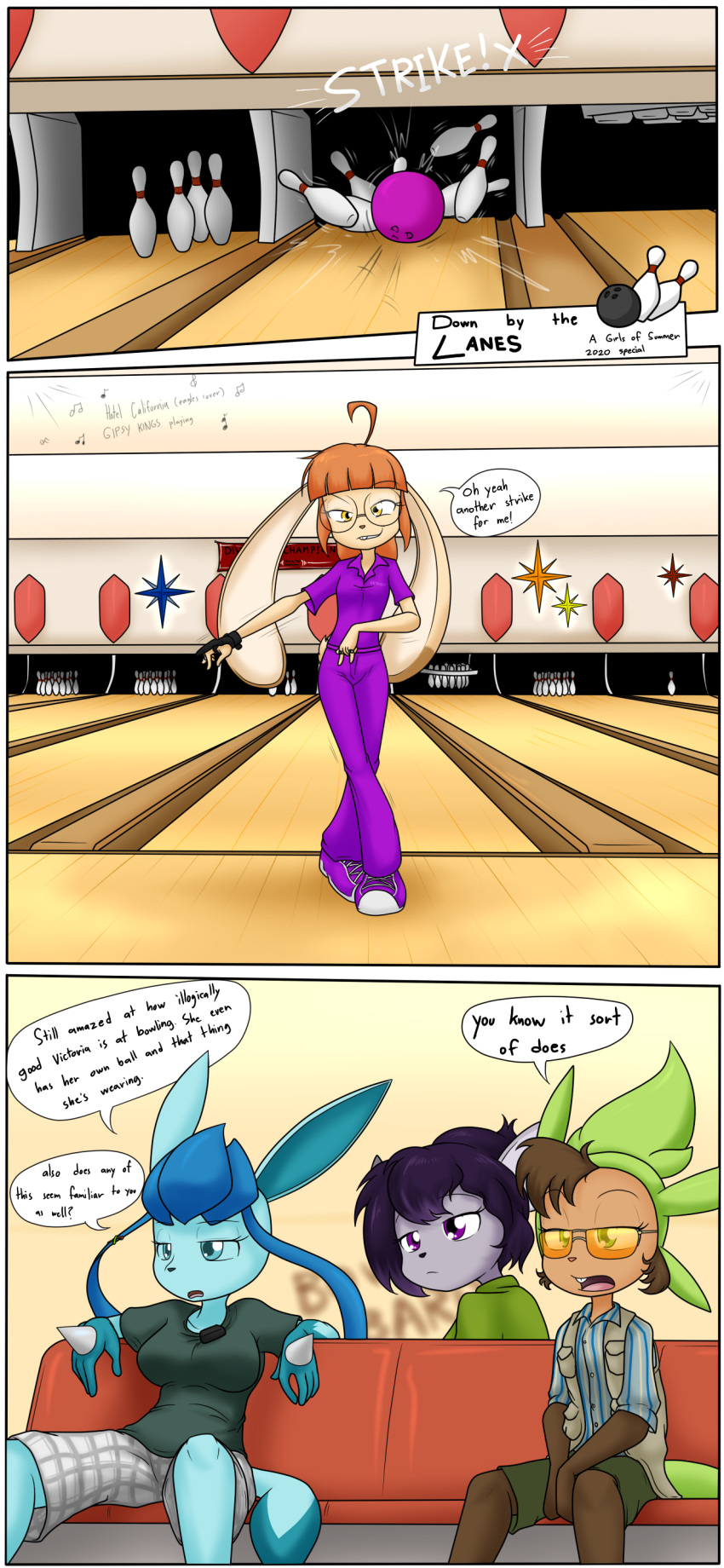 2020 absurd_res anthro becca_(sandwich-anomaly) big_breasts blue_body blue_fur blue_hair bottomwear bowling bowling_alley bowling_ball bowling_pin breasts brown_body brown_fur brown_hair buckteeth canid canine chespin clothing curvy_figure detailed_background dialogue digital_media_(artwork) eeveelution english_text eyelashes eyewear feet female fingerless_gloves fingers footwear fox fur galia_(sandwich-anomaly) glaceon glasses gloves green_eyes grey_body grey_fur group hair handwear hi_res highlights_(coloring) humor inside lagomorph leina_(sandwich-anomaly) leporid mammal multicolored_body multicolored_fur multicolored_hair nintendo orange_hair parody pok&eacute;mon pok&eacute;mon_(species) purple_eyes purple_hair purple_highlights rabbit sandwich-anomaly shoes shorts sitting smile standing tan_body tan_fur teal_eyes teeth text the_big_lebowski tongue topwear vest victoria_(sandwich-anomaly) video_games voluptuous wide_hips yellow_eyes