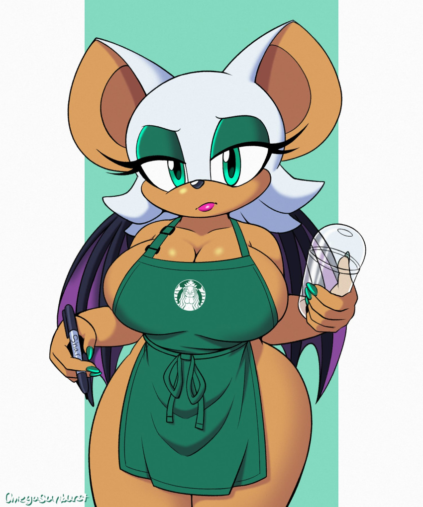 5:6 anthro apron apron_only big_breasts breasts chiropteran cleavage clothed clothing container cup eyelashes female green_apron green_eyes hi_res i_mean_breast_milk looking_at_viewer mammal meme mostly_nude omegasunburst pen rouge_the_bat sega sharpie solo sonic_the_hedgehog_(series)