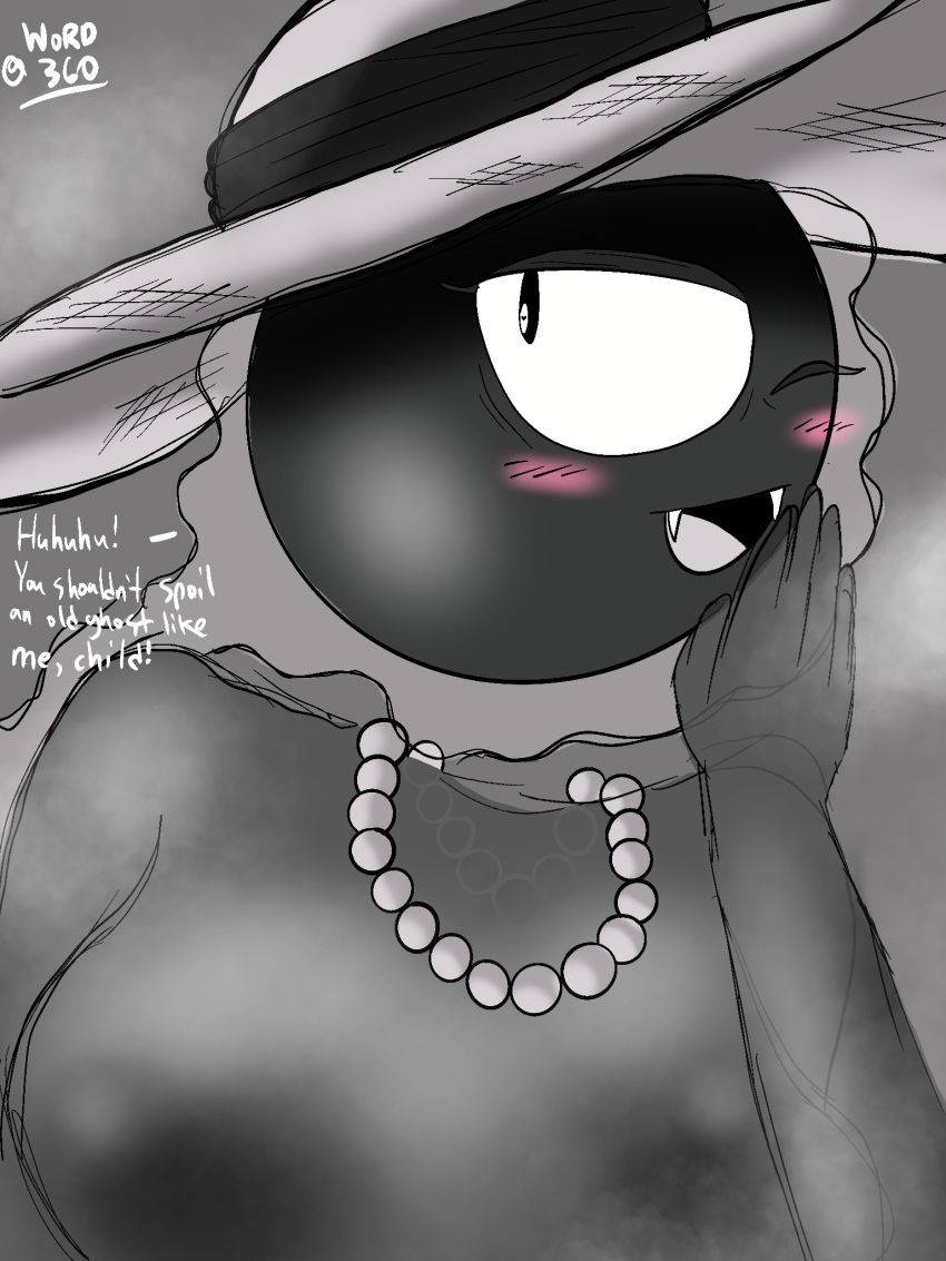 3:4 aura blush blush_lines breasts fangs female gastly gem ghost hi_res humanoid jewelry mature_female necklace nintendo not_furry one_eye_closed pearl_(gem) pearl_necklace pok&eacute;mon pok&eacute;mon_(species) sharp_teeth simple_background solo spirit sun_hat teeth text tongue translucent translucent_body video_games wink word360