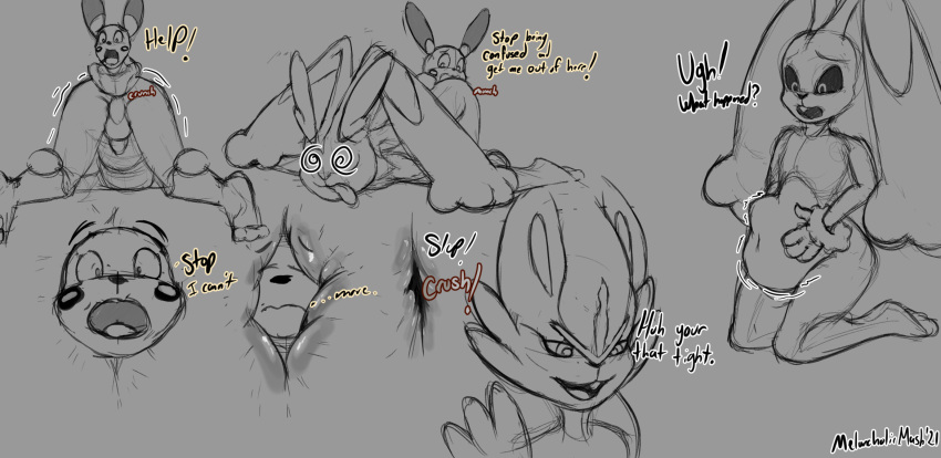accidental_vore anal anal_vore anthro cinderace confusion crush dialogue digestion duo english_text hi_res lagomorph leporid lopunny male male/male mammal melancholicmash minun nintendo pok&eacute;mon pok&eacute;mon_(species) rabbit size_difference text video_games vore